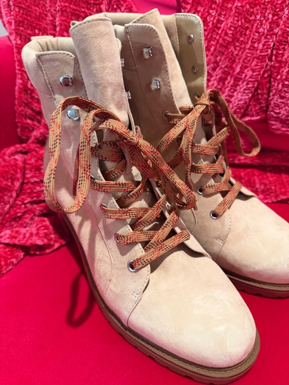 Vince Camuto Beige Suede Lace-Up Combat Boots